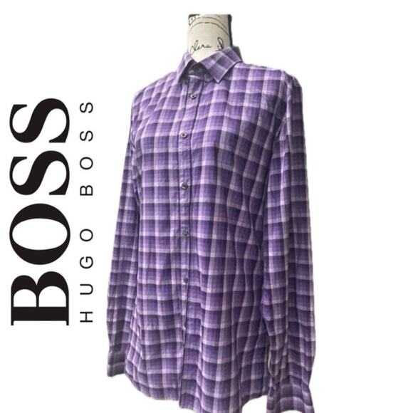HUGO BOSS SLIM BUTTON UP LONG SLEEVE SHIRT PLAID PURPLE COLOR SIZE LARGE - Picture 1 of 16